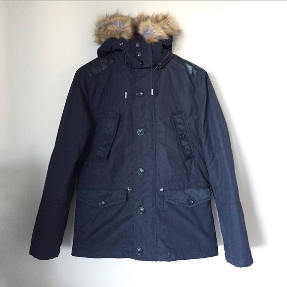 ZARA navy blue parka mens fur pockets vintage look coat jacket bomber - Picture 2 of 7